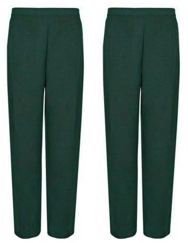 (Pack of 2) Womens Half Elasticated Waist Trousers 2 Side Pockets Short Medium Long for Ladies Office Work Black Navy Bottle Green UK 8-24