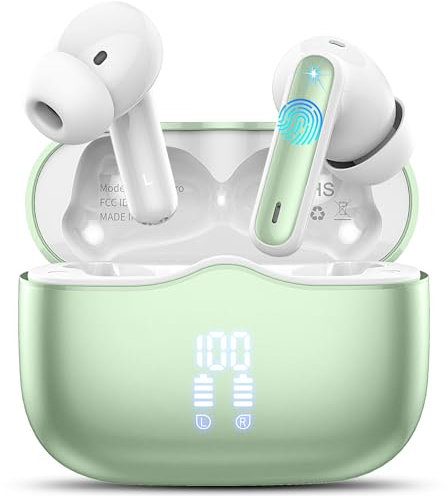 Bluetooth Kopfhörer, 2025 In Ear Kopfhörer Kabellos Bluetooth 5.4 Tiefer Bass mit 4 ENC Noise Cancelling Mic, 40Std Kabellose Kopfhörer Hi-Fi Stereo IP7 Wasserdicht Ohrhörer USB-C LED-Anzeige Grasgrün