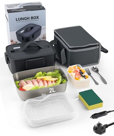 Tafunkun Electric Lunch Box 90W Food Heater, 2L Large Capacity Heated Lunch Box with Removable Inner Pot & Silicone Stretch Lid, 4 in 1(12V/24V/220V) for Car, Truck, Office, with Insulated Bag