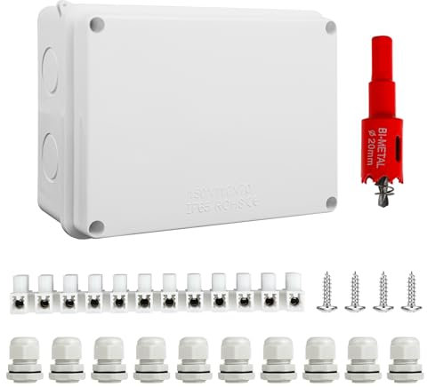 Caja de Derivación Impermeable IP65 de Superficie 150x110x70 mm - con 10 prensaestopas M20 con junta - incluye sierra de corona de 20 mm - apta para cables de Ø6–12 mm
