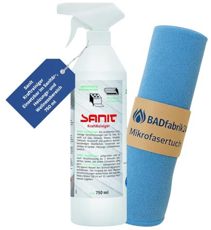 BADfabrik24 SANIT-Kraftreiniger 750 ml – Art.-Nr.: 3009 – entfernt Fett, Öl & Eiweißrückstände – für Fliesen, Edelstahl, Glas & mehr – inkl. Mikrofasertuch 40x40 cm – gebrauchsfertig