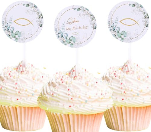 MBAIYO 24 Stück Cake Topper Kommunion Schön dass du da bist, Fisch Cupcake Deko Kommunion Konfirmation Tortendeko Muffin Deko Tortenstecker für Kuchen Fondant Dessertdeko Geburtstag Hochzeit Party