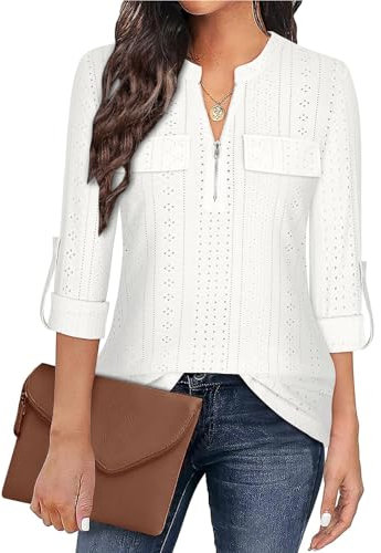 Gemulate Long Sleeve Tops for Women Ladies Plus Size Blouses with Zip Three Quarter Sleeve Green Tops for Women V Neck Polo T Shirts Tunic Top for Leggings White XXXL