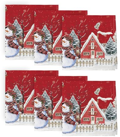 Artoid Mode Rot Haus Schneemann Weihnachten 45x45cm 6er Set Stoffservietten | Schnee Bäume Zaun Xmas Winter Küche Dekoration Abendessen Cafe Feiern Dekor