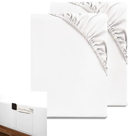 HIG Spannbettlaken 180x200cm 2er Set, Weiß Microfaser Spannbetttuch mit 35cm Tiefe Tasche für Boxspringbett, Spannbetttücher mit Seitlicher Tasche für Handy oder Fernbedienung, ÖKO-TEX Zertifiziert