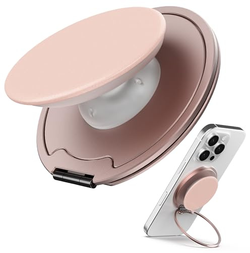 Sinjimoru Magnetischer Handygriff für MagSafe — 3000G Starke Haltekraft, Weiches Silikon, Metallplatte inklusive, iPhone 17/16/15/14/13, M-Tap Tok Ring Stand Metallic Pink