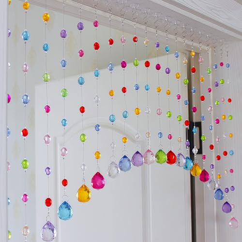 Rekelola Beaded Curtain for Doorways,Hanging Crystal Door Beads Curtains for Windows Room Divider Bedroom Coffee House,Colorful Diamond Shape (20 Strings)