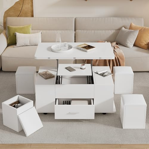 Bladez Couchtisch mit höhenverstellbarer Platte | 2-in-1 Multifunktionstisch, Mit 2 Schubladen & Schrank | Weiß & Holzumwandelbar in Esstisch | (White 5)