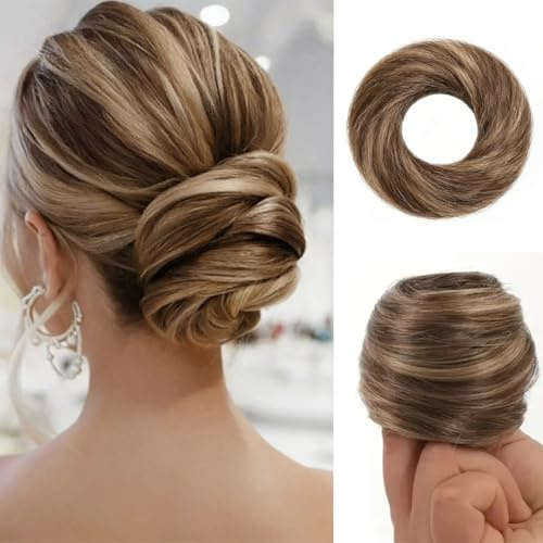 Dutt Haarteil Echthaar Mit Gummiband Dutt Haarteil Dutt Haargummi Mit Haaren Glatt, Hochsteckfrisuren Haarverlängerung für Damen Mädchen (Mittelbraun/Dunkelblond)