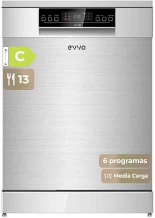 Lavavajillas EVVO D1Y - 60 cm, 13 Servicios, Clase Energética C, 6 Programas, Funcionamiento Silencioso, Apertura Automática, Media Carga, Inicio Diferido 24h, Bloqueo Infantil (Inox)