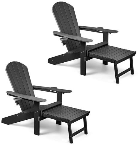 VonHaus Reclining Adirondack Chair with Pull-out Footrest, HDPE, Westport | Set of 2, Black Slatted Style Garden Chair, Durable Weather Resistant Plastic Armchair, For Patio & Decking