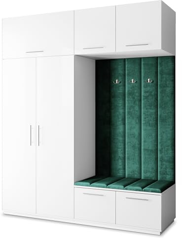 Masseno Flugarderoben Set Rema, Kleiderschrank-Set mit Sitzbank, Garderobenschrank Flur mit 5 Regalböden, Weiß