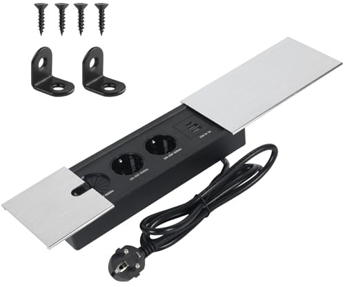 Regleta empotrable con tapa deslizante de metal, enchufe retráctil de 3 enchufes con 2 USB A y USB C, regleta de mesa, regleta retráctil para escritorio, cocina, oficina (plata, 2)