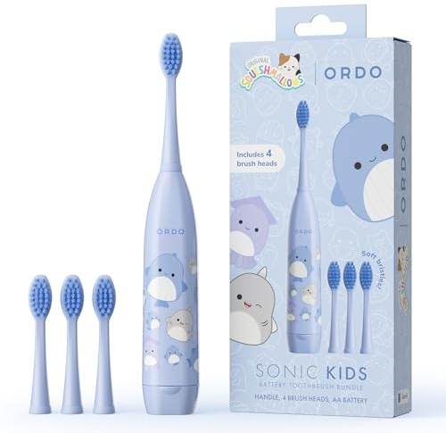 ORDO Squishmallows Kids Electric Toothbrush, 4 Brush Heads, Samir | Squishmallow sonic kids electric toothbrush, 4 toothbrush heads, ages 4+, soft bristles, battery included