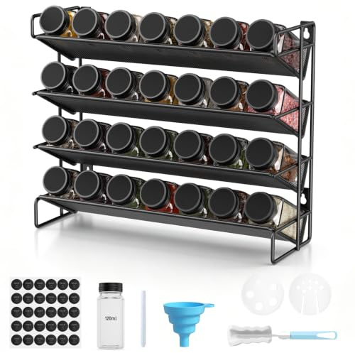 BugyKido Gewürzregal 4-stufig — 28 Gläser, 420 Etiketten, Metall Schwarz | 28 luftdichte Gewürzgläser | 4-stufiges Metallregal — platzsparend vertikal | 208 Etiketten, Kreidemarker, Trichter & Bürste