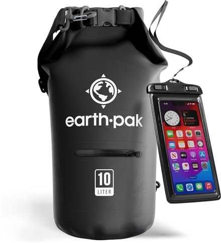 Earth Pak Torrent Serie Dry Bag wassersdichte Tasche mit verstellbarem Schultergurt und wasserfester Handyhülle Ideal beim Kajak Fahren Angeln Rafting Schwarz 10L