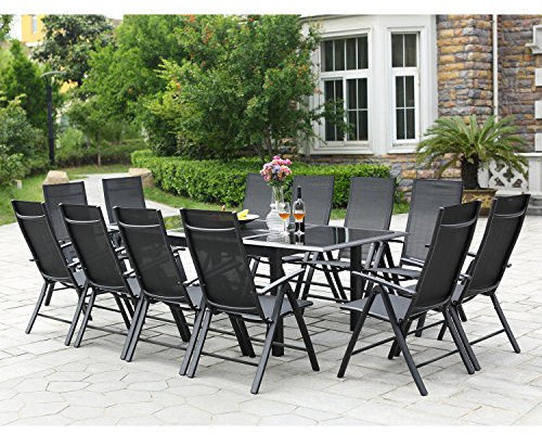 CONCEPT USINE- Salon de Jardin en Aluminium - Ensemble Mobilier d'Extérieur : Table Extensible Mécanisme Papillon + 12 Chaises Pliables et Inclinables - Gris - Design Ravenne - Robuste Résiste à l'Eau