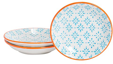 Nicola Spring Hand Printed Sauce Dishes - 10cm - Blue - Pack of 3 - Vintage Stoneware Dipping Bowls for Soy Sauce, Condiments, Chutney, Seasoning, Sushi, Tapas & Appetisers