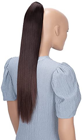 CAISHA 60cm Glatt Pferdeschwanz Mit Butterflyklammer Haarteil Zopf Hitzebeständig Haarverlängerung Dunkelbraun Mix H617