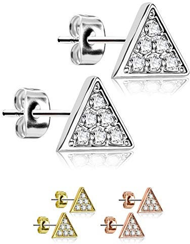 Treuheld® | OHRSTECKER mit DREIECKEN und KRISTALLEN - Edelstahl Ohrringe mit Kristall-Steinen - eckig - SILBER, GOLD, ROSEGOLD - silberne und goldene Stecker mit Zirkonia - [01.] - silber