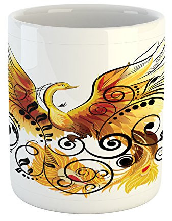 Lunarable Tierbecher, Mystic Bird Phoenix Floral Efeu Blätter mit Flügeln Federn Druckbild, Keramik Kaffeetasse Tasse für Wasser Tee Getränke, 325 ml, Braun Weiß