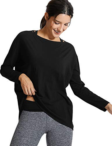 CRZ YOGA Damen Pima Baumwolle Sport Langarmshirt Fitness Yoga Langarm Leichte Shirt Longsleeve Lässig Oberteile Schwarz 44