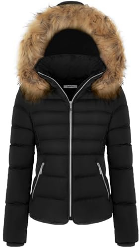 BodiLove Damen Utility-Jacke mit Fellkapuze und Reißverschluss und Fleecefutter, Schwarz, Größe XL