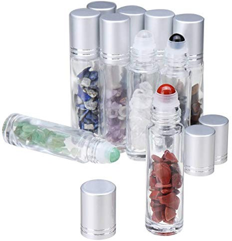 Clear Glass Roller Bottles,10 Pack 10ml 0.33fl oz Gemstone Roller Ball for Essential Oils,Natural Crystal Stones Roller Balls with Silver Lid,Thick Glass Roll on Bottle-Healing Crystal Chips Inside