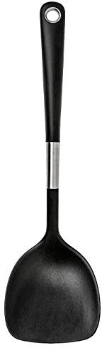 Wok Spatula, Stainless Steel, Black, Product Size: Length: 34 cm, Materials: Ring: Zinc, Matt Chrome-Plated, Handle: Silicone Rubber, Lower Part: Poly-Amide Plastic