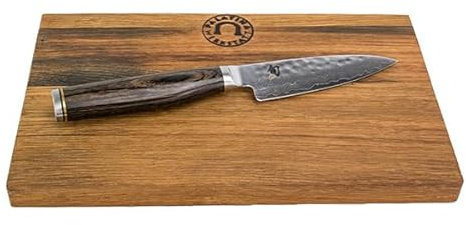 Kai Shun Tim Mälzer | Conjunto de ofertas | Cuchillo de oficina TDM-1700 | Hoja de 9 cm | + tablero de roble macizo de duelas viejas de barril 25x15 cm | Precio normal de venta: 169.95 €