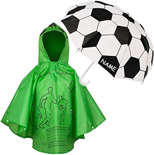 alles-meine.de GmbH 2 TLG. Set: Regenschirm + Regenponcho - Fußball - inkl. Name - Kinderschirm - Ø 75 cm - Regencape - Kinder - 2 bis 6 Jahre - Stockschirm - groß mit Griff - Ei..