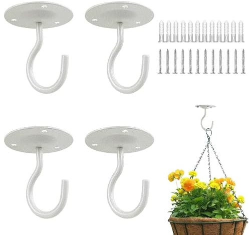 4PCS Ceiling Hook for Hanging Plants, Heavy Duty Wall Mount Hanging Hooks for Bird Feeders, Lanterns, Wind Chimes, Planters, Outdoor Decoration Hooks (White)