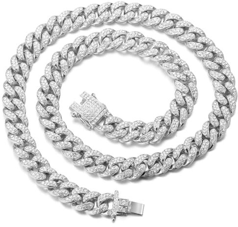 Halukakah Goldkette Herren Iced Out,Echt Weißgold Vergoldete 14mm Männer Choker Kette,Silber,Miami Kubanische Panzerkette,40cm,Geschenk für Mann
