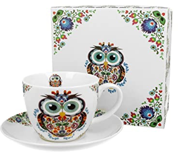 DUO ETNO Jumbobecher 470 ml OWL mit Untertasse, New Bone China Porzellan