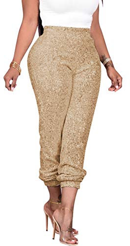 Fawjsais Damen Sexy Glitzer Pailletten Hose Hohe Taille Leggings Abend Party Clubwear, gold, Groß