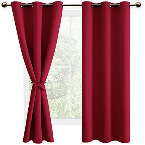 DWCN Gardinen Blickdicht Verdunkelungsgardinen mit Ösen Vorhänge Wohnzimmer mit Vorhang-Krawatten, Weihnachtsvorhänge Thermovorhang 2 Stücke, Rot, 160x106cm(HxB)
