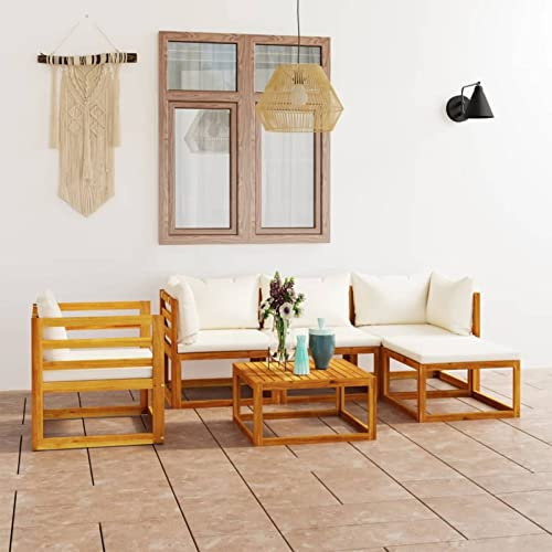 Gecheer 6-TLG. Garten Loungemöbel Set, Balkon Lounge Klein, Sitzgruppe Gartenmöbel, Outdoor Sofa, Loungemöbel Terrasse, Balkonmöbel, Gartensofa mit Auflagen Creme Massivholz Akazie