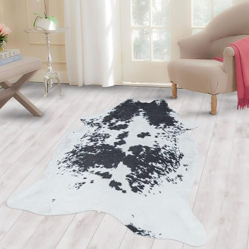 Carpettex Teppich Fellteppich Kunstfell Rinderfell Imitat Kuhmotiv Digitaldruck Waschbar rutschfest, Farbe: Schwarz, Größe: 100 x 135 cm