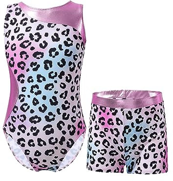 YiZYiF Mädchen Turnanzug Glänzend Gymnastik Leotards Ballett Trikot Tanz Body mit Shorts Kurze Hose Sport Overall Yoga Set Wettbewerb Tanzkostüm A_Leopard&Bunt 110-116/5-6 Jahre