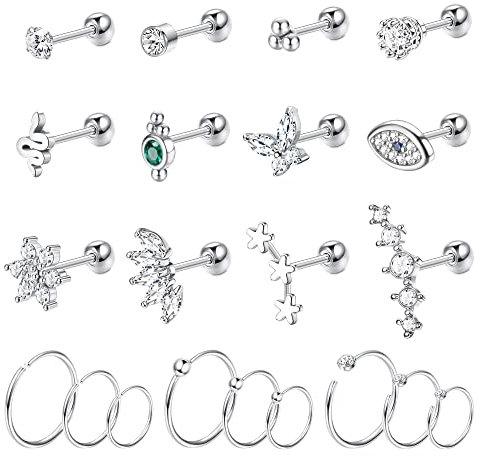Adramata 21Pcs 16G Helix Piercings Chirurgenstahl Silber Ohrringe Piercing Set Pircingssets Ohr Tragus Piercing Knorpel Ohrringe Set Conch Ohrpiercing Ohrstecker Tragus Helix Piercing Ohr