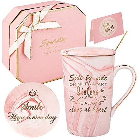DONGSHANGIFT Schwestern Becher Schwester Geburtstag Geschenke Kaffeebecher Set - Side by Side oder Miles Apart Sisters sind immer nah am Herzen - Geschenke Box Set 420ML Rosa