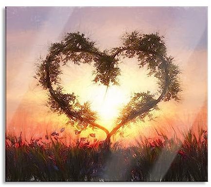 Herz aus Bambus Herdabdeckplatte & Spritzschutz aus Echtglas | Für Herd-Kochfelder | 60x52 cm