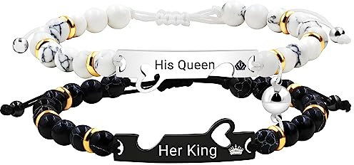 Uloveido Y3811 Armband-Set für Sie und Ihn, passendes Liebesherz, personalisierbar, für Paare, Freund, Freundin, schwarz-weiß, türkis, Steinperlen, BF, GF, Armband-Set für Damen und Herren, Edelstahl,