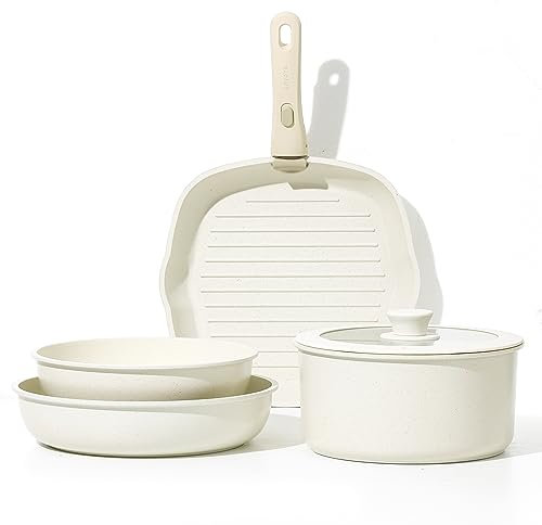 CAROTE Set 6 Padelle con manici amovibili 6 Pezzi,Set Padelle Antiaderenti,Padella 22/26cm,Casseruola 22cm con Coperchi,Grill Bistecchiera 26cm,impilabile,salvaspazio per Induzione,Gas e Forno