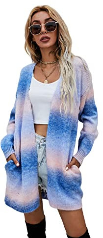 HEYPORK Damen Herbst Winter Warm Bequem Jacke Casual Mode übergangsjacke Mantel Frauen Pullover Regenbogen Mittlere Länge Strickjacke Tasche Gestrickt Jacke(Blau, 3XL)