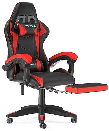 Racingreat Silla Gaming,Silla de Juego Silla de Oficina, Reposacabezas y Cojín Lumbar, Ergonómico Cuero PU Silla De Ordenador para Gamer Oficina Hogar Adulto Adolescente… (con reposapiés, Rojo)