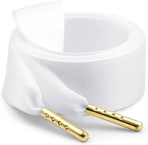 WEGOODZF Seidenband Ribbon Satin Schnürsenkel: 2 Paar 140CM Weiß 2CM Breite mit Metallspitze Flache Satinband Schuhbänder für Turnschuhe Damen Sportschuhe