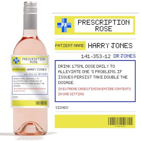forefrontdesigns Personalised Novelty Prescription Rose Wine Bottle Label - Funny Prescription Bottle Label for Alcohol - Spoof Prescription Wine Stickers for Bottles, Secret Santa,Joke Gifts
