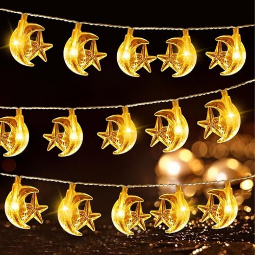 DAZZTIME Led Muslim Ramadan Lichterkette,20 Led Ramadan Deko Lichterkette 3m,Eid Mubarak Dekoration,Stern Mond Lichter,Mit 8 Blinkenden Modi,Ramadan Deko Lampe,Eid Mubarak Dekor Party.