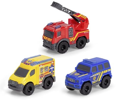Dickie Toys - Micro Rescue Force Spielzeugautos (je 8 cm) - 3er-Set Mercedes-Benz Autos mit Freilauf und beweglichen Teilen für Kinder ab 3 Jahre, Feuerwehrauto, Polizeiauto & Krankenwagen